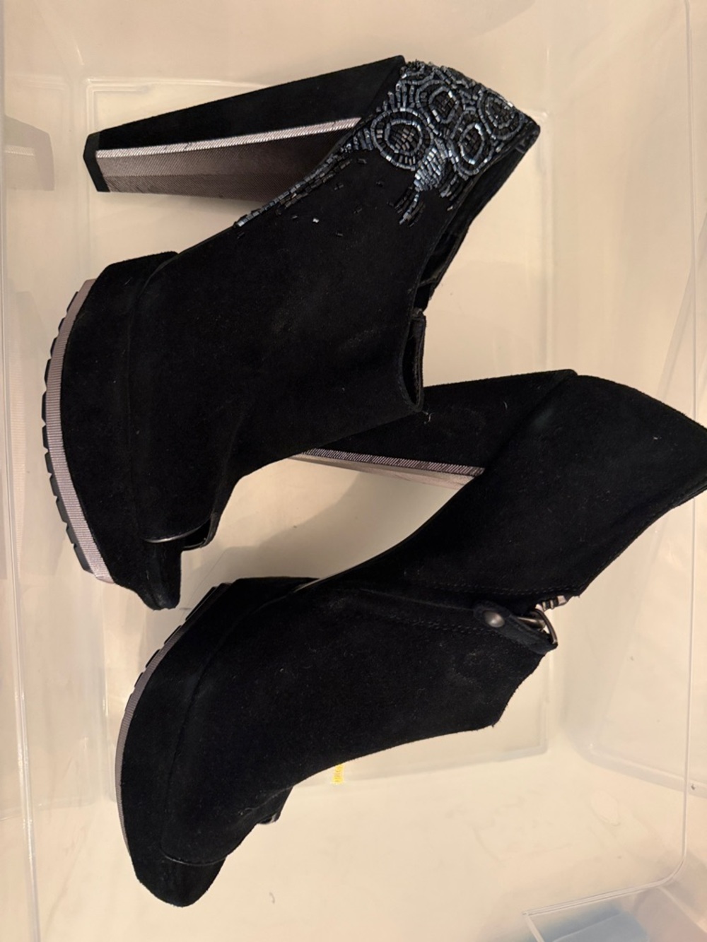 Sam Edelman Black Suede Peep-Toe Ankle Booties with Beaded Cuff